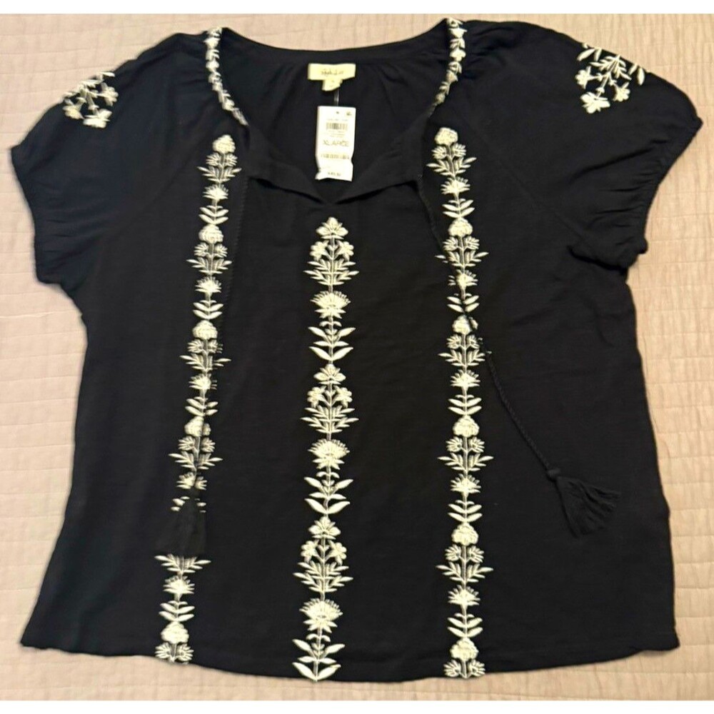 Style & Co Women’s Black White Floral V-Neck Short Sleeve Tassel Blouse XL